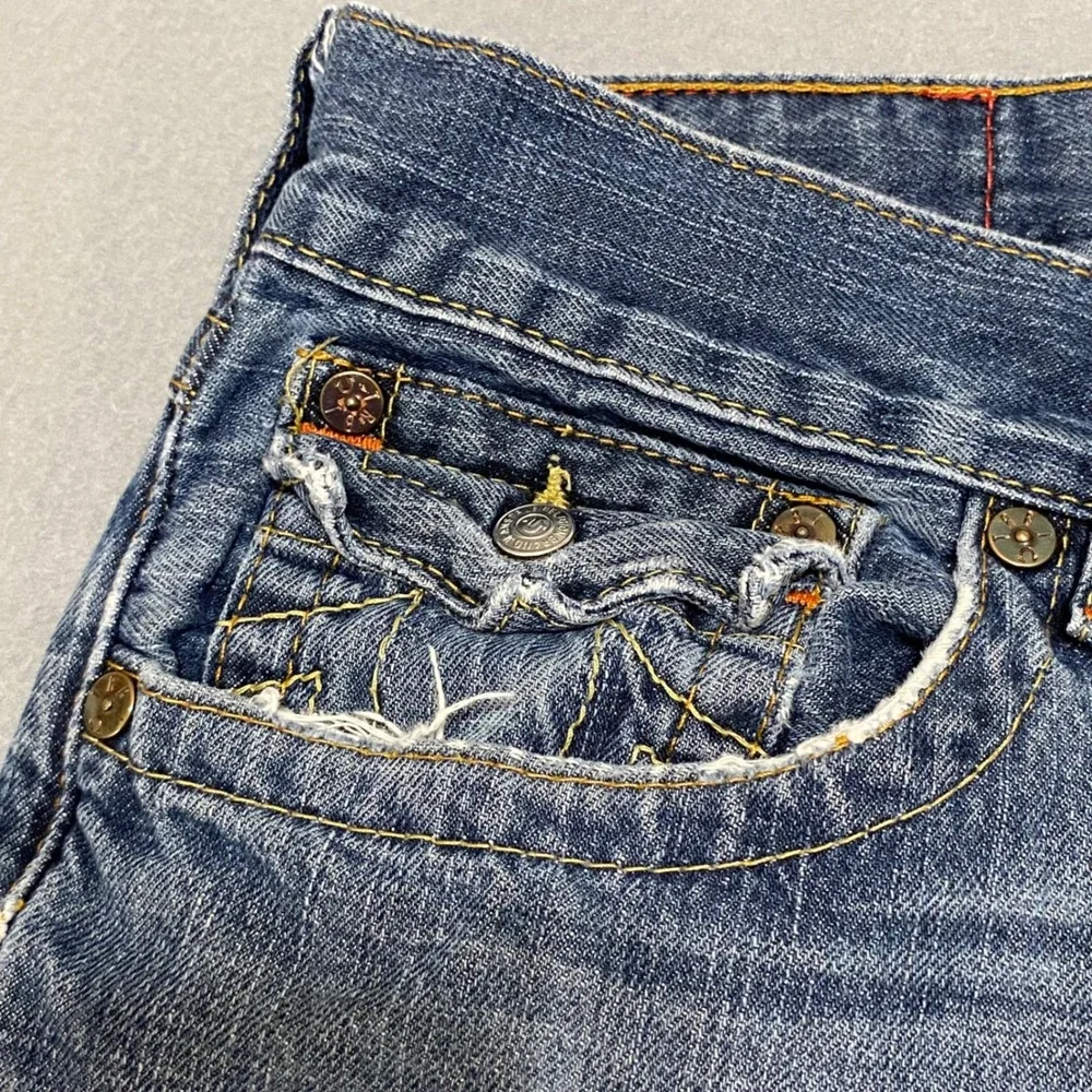 True Religion Ricky Mens 34 Straight Leg Distressed Blue Jeans Made in USA